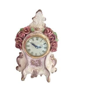 Vintage Lanshire Ceramic Rose Mantle Clock Pink Floral Electric Shabby Chic